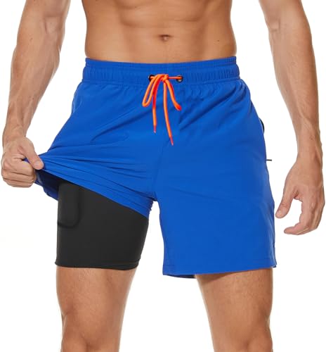 Kfnire Badehose Herren Badehosen mit Kompression Boxershorts Liner 2-in-1 Badehose Männer Atmungsaktiv Wasserabweisend Schnell Trocknend Badeshorts für Herren Schwimmhose mit Reißverschlusstasche von Kfnire