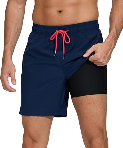 Kfnire Herren Badeshorts 2-in-1 Schnelltrocknend mit Innenhose und Reißverschlusstaschen Marine S von Kfnire