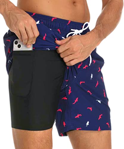 Kfnire Herren 2-in-1 Schnelltrocknende Badehose mit Innenhose und Reißverschlusstaschen - Marineblau, M von Kfnire
