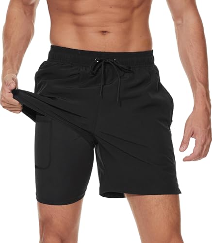Kfnire Badehose Herren Badeshorts 2-in-1 Schnelltrocknend Badehose für Herren Badehosen Schwimmhose Männer Badehose mit Innenhose und Reißverschlusstaschen von Kfnire