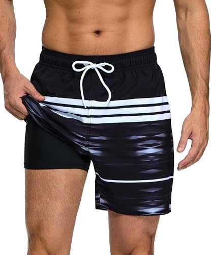 Kfnire Herren Badeshorts 2-in-1 Schnelltrocknend mit Innenhose und Reißverschlusstaschen, Schwarz, XL von Kfnire