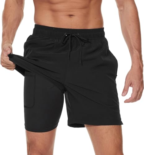 Kfnire Badehose Herren Badehosen mit Kompression Boxershorts Liner 2-in-1 Badehose Männer Atmungsaktiv Wasserabweisend Schnell Trocknend Badeshorts für Herren Schwimmhose mit Reißverschlusstasche von Kfnire