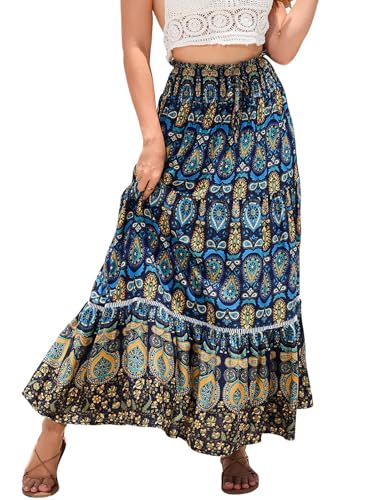 Kfnire Rock Lang Damen 2 in 1 Sommerrock Elastische Taille und Elegante Boho Strandrock Geeignet für Lässige Strandszenen (Marineblau,L) von Kfnire