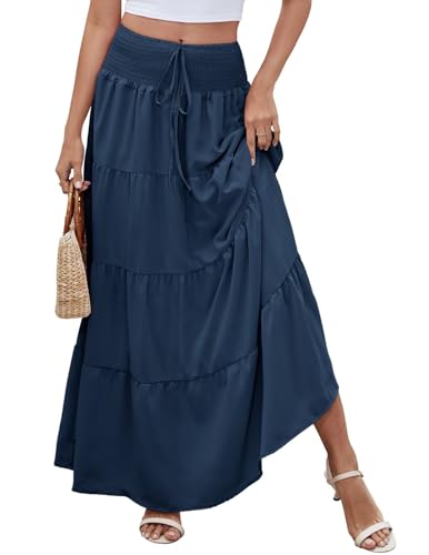 Kfnire Rock Lang Damen 2 in 1 Sommerrock Elastische Taille und Elegante Strandrock Geeignet für Lässige Strandszenen (Marineblau,L) von Kfnire