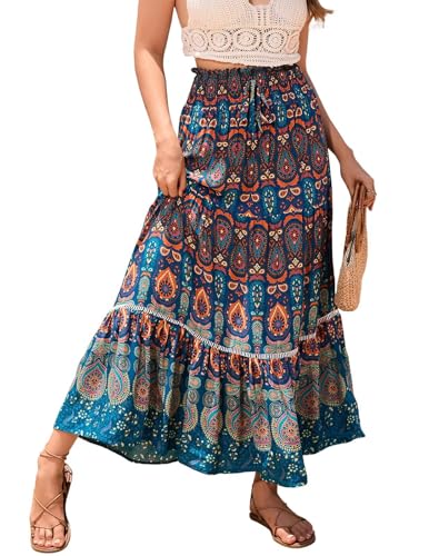 Kfnire Rock Lang Damen 2 in 1 Sommerrock Elastische Taille und Elegante Boho Strandrock Geeignet für Lässige Strandszenen (Pfauenblau,S) von Kfnire