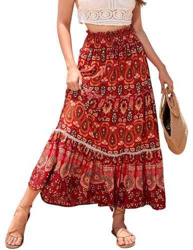 Kfnire Rock Lang Damen 2 in 1 Sommerrock Elastische Taille und Elegante Boho Strandrock Geeignet für Lässige Strandszenen (Rot,L) von Kfnire