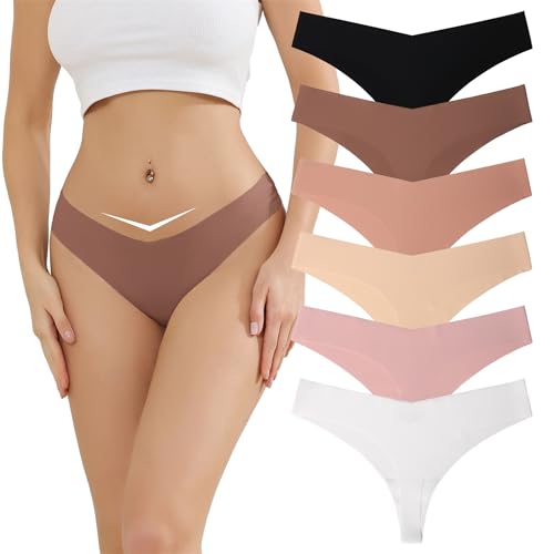 Kfnire String Tanga Damen Unterhosen Slips Nahtlose Unsichtbare V-Taille Atmungsaktiv Unterwäsche Frauen, 6er-Pack Niedriger Taille String Tangas für Damen von Kfnire