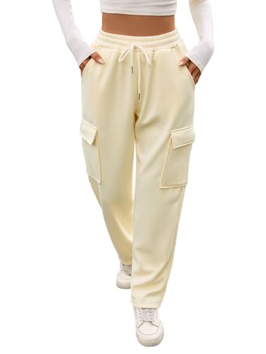 Kfnire Thermohose Damen Winter Thermo Jogginghose Damen mit Cargotaschen Elastische Hohe Taille Dünnes Fleecefutter Gerades Bein (Creme,L) von Kfnire