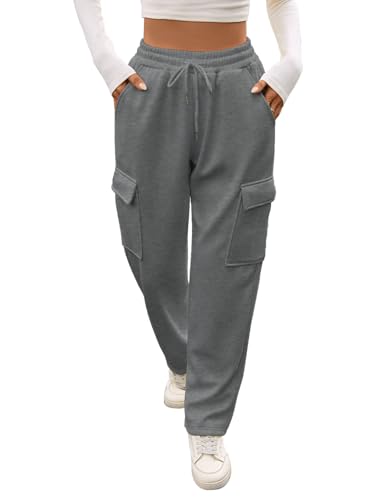 Kfnire Thermohose Damen Winter Thermo Jogginghose Damen mit Cargotaschen Elastische Hohe Taille Dünnes Fleecefutter Gerades Bein (Dunkelgrau,M) von Kfnire