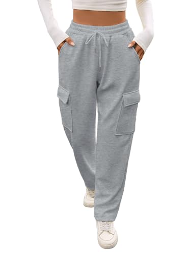 Kfnire Thermohose Damen Winter Thermo Jogginghose Damen mit Cargotaschen Elastische Hohe Taille Dünnes Fleecefutter Gerades Bein (Hellgrau,XL) von Kfnire