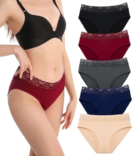 Kfnire Unterhosen Damen Slips Baumwolle Hohe Taille Unterwäsche Frauen Elegante Spitzenbesatz Weich Stretch & Atmungsaktive Panties Damen 5er-Pack, XS-XXL von Kfnire