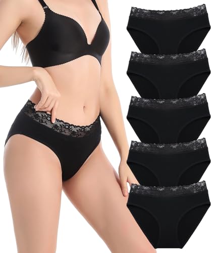 Kfnire Unterhosen Damen Slips Baumwolle Hohe Taille Unterwäsche Frauen Elegante Spitzenbesatz Weich Stretch & Atmungsaktive Panties Damen 5er-Pack, XS-XXL von Kfnire