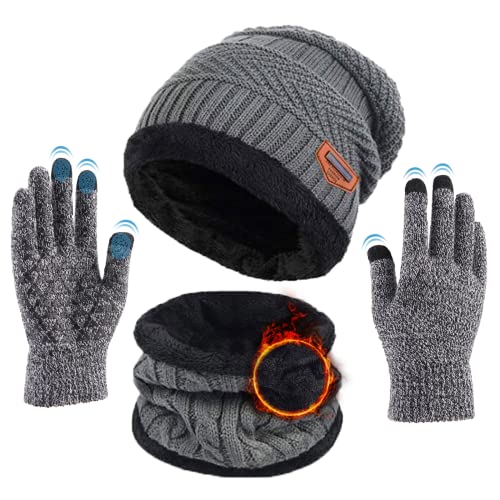 Kfnire Wintermütze Warm Beanie Schal Touchscreen-Handschuhe Herren Damen Strickmütze Wintermütze Schal mit Dicke Thermo mit Fleece Gefütterte, Mütze, Schlauchschal & Handschuh Set für Herren Damen von Kfnire