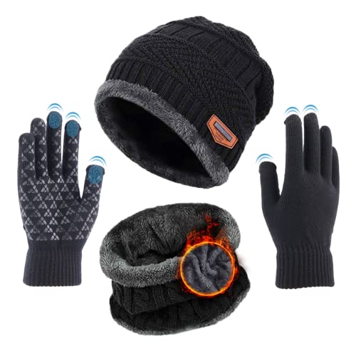 Kfnire Wintermütze Warm Beanie Schal Touchscreen-Handschuhe Herren Damen Strickmütze Wintermütze Schal mit Dicke Thermo mit Fleece Gefütterte, Mütze, Schlauchschal & Handschuh Set für Herren Damen von Kfnire