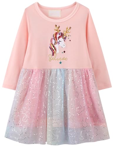 Kleid Mädchen Langarm Baumwolle Jersey A-Linie Freizeitkleidn Einhorn Kleider für Mädchen Gr. 110-115 von Kfnire