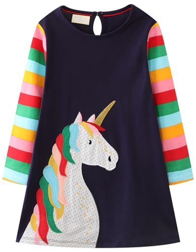 Kleid Mädchen Langarm Baumwolle Jersey A-Linie Freizeitkleidn Einhorn Kleider für Mädchen Gr. 110-115 von Kfnire