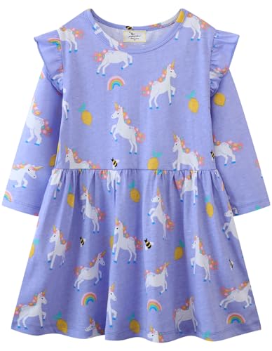 Kleid Mädchen Langarm Baumwolle Jersey A-Linie Freizeitkleidn Einhorn Kleider für Mädchen Gr. 85-90 von Kfnire