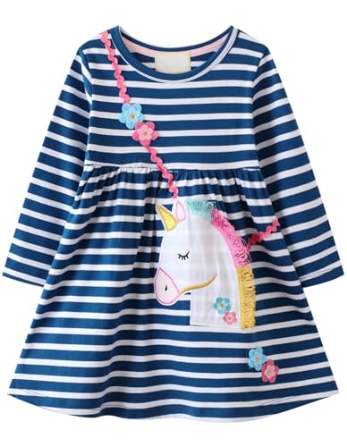 Kleid Mädchen Langarm Baumwolle Jersey A-Linie Freizeitkleidn Einhorn Kleider für Mädchen Gr. 90-95 von Kfnire