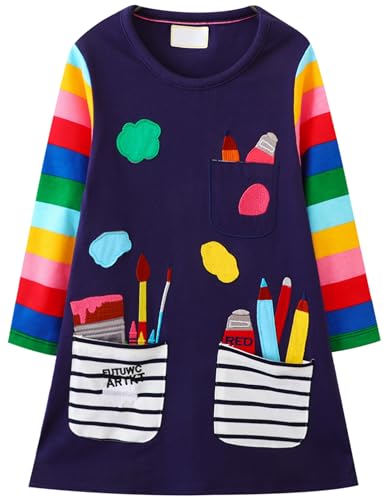 Kleid Mädchen Langarm Baumwolle Jersey A-Linie Freizeitkleidn Einhorn Kleider für Mädchen Gr. 90-95 von Kfnire