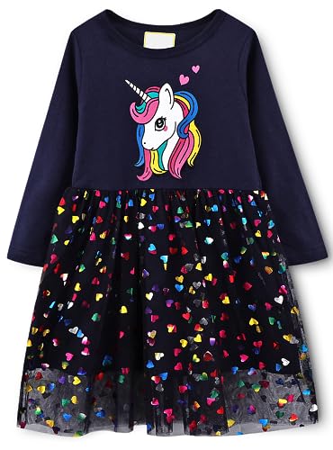 Kleid Mädchen Langarm Baumwolle Jersey A-Linie Freizeitkleidn Einhorn Kleider für Mädchen Gr. 90-95 von Kfnire