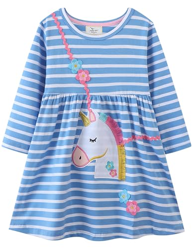 Kleid Mädchen Langarm Baumwolle Jersey A-Linie Freizeitkleidn Einhorn Kleider für Mädchen Gr. 95-105 von Kfnire