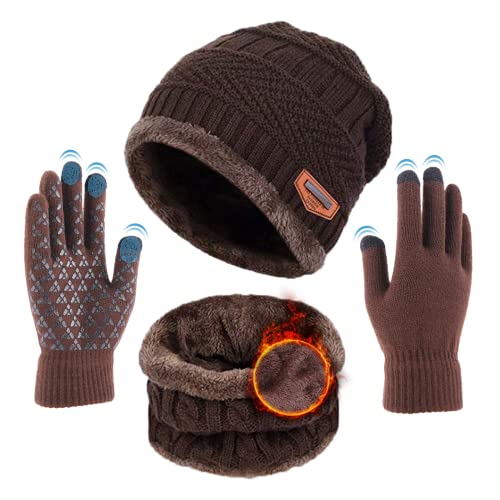 Kfnire Wintermütze Warm Beanie Schal Touchscreen-Handschuhe Herren Damen Strickmütze Wintermütze Schal mit Dicke Thermo mit Fleece Gefütterte, Mütze, Schlauchschal & Handschuh Set für Herren Damen von Kfnire