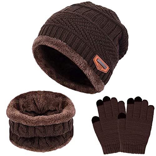 Wintermütze Kinder Schal Handschuhe 3 PCs - Fleece Gefüttert Beanie Strickmützen Warmem Mütze, Schal & Touchscree Handschuhe-Sets Winter Verdicken Fleece Thermisch für Jungen Mädchen 5-10 Jahre von Kfnire