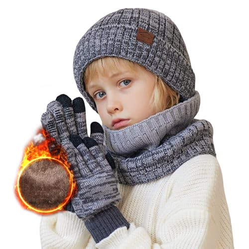Wintermütze Kinder Schal Handschuhe 3PCs Fleece Gefüttert Beanie Strickmützen Warmem Mütze, Schal & Touchscree Handschuhe-Sets Verdicken Fleece Thermisch für Jungen Mädchen, Grau, 4-10 Jahre von Kfnire