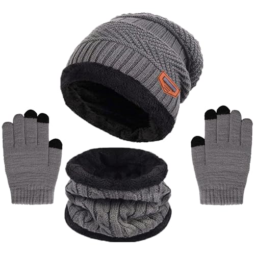 Wintermütze Kinder Schal Handschuhe 3PCs Fleece Gefüttert Beanie Strickmützen Warmem Mütze, Schal & Touchscree Handschuhe-Sets Verdicken Fleece Thermisch für Jungen Mädchen, Grau von Kfnire