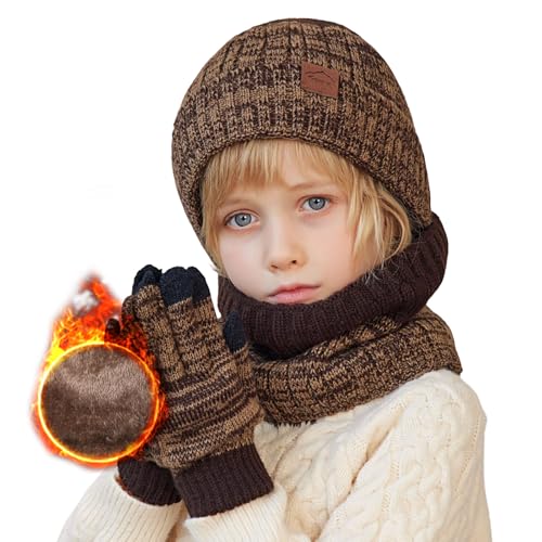 Wintermütze Kinder Schal Handschuhe 3PCs Fleece Gefüttert Beanie Strickmützen Warmem Mütze, Schal & Touchscree Handschuhe-Sets Verdicken Fleece Thermisch für Jungen Mädchen, Kaffee, 4-10 Jahre von Kfnire