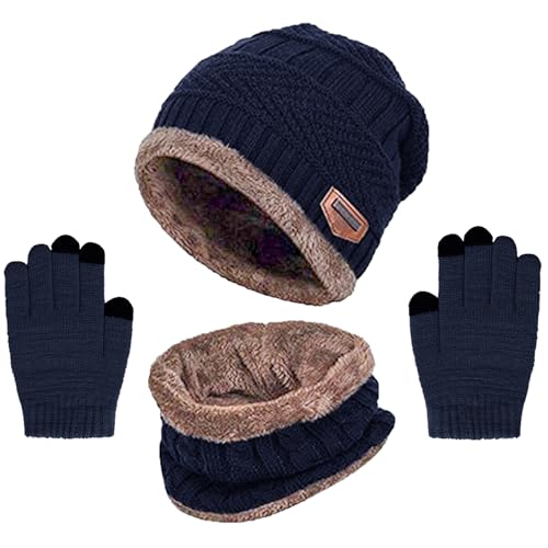 Wintermütze Kinder Schal Handschuhe 3PCs Fleece Gefüttert Beanie Strickmützen Warmem Mütze, Schal & Touchscree Handschuhe-Sets Verdicken Fleece Thermisch für Jungen Mädchen, Navyblau von Kfnire
