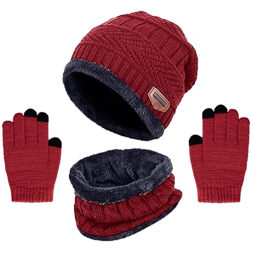 Wintermütze Kinder Schal Handschuhe 3PCs Fleece Gefüttert Beanie Strickmützen Warmem Mütze, Schal & Touchscree Handschuhe-Sets Verdicken Fleece Thermisch für Jungen Mädchen, Weinrot von Kfnire