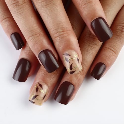 24 quadratische Nägel zum Aufdrücken, Blätter-Design, französische künstliche Nägel, Acryl, künstliche Nägel, zum Aufkleben auf Nägel für Frauen von Kfwfuaee