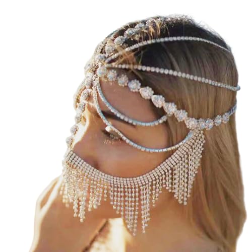 Bezaubernde Strass-Halskette mit Schleierkette, für Frauen und Mädchen, Party-Kostüm mit glitzerndem Gesicht, glitzernde Strasssteine, Party-Zubehör, フリーサイズ von Kfwfuaee