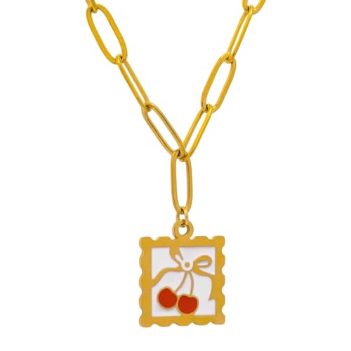 Kfwfuaee Edelstahl-Halskette mit Erdbeer-Druck, leichte Party-Accessoires, bequemer Schmuck, フリーサイズ, Wie in der Beschreibung beschrieben, Ohne Edelstein von Kfwfuaee