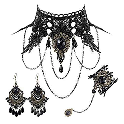 [Kfwfuaee] Halloween Schmuck Set Damen Gothic Halskette Schwarze Spitze Vintage Ohrringe Halloween Kostüm Ohrringe Schwarz Spitze Halskette Ohrringe von Kfwfuaee