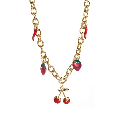 Kfwfuaee Halskette mit Kirsch- und Erdbeer-Anhänger aus Stahl, verstellbare Kette, leichtes Design für den täglichen Gebrauch, minimalistische Choker-Halskette, Free Size, Wie in der Beschreibung von Kfwfuaee