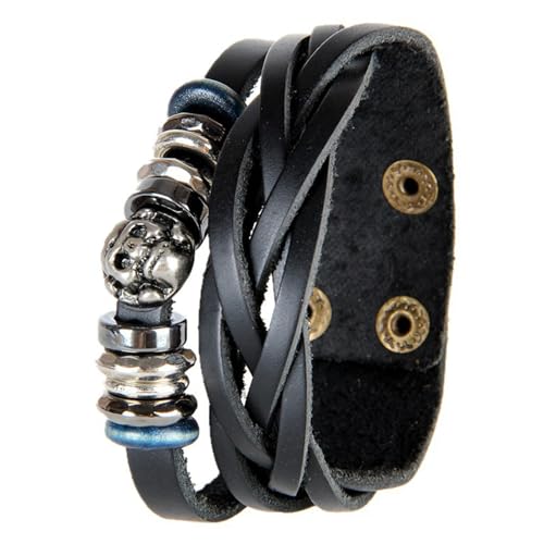 [Kfwfuaee] Handgefertigtes Lederband mit Totenkopfmotiv mehrschichtiger Textur Schmuck für Frauen und Männer Totenkopfperlen Leder, フリーサイズ von Kfwfuaee