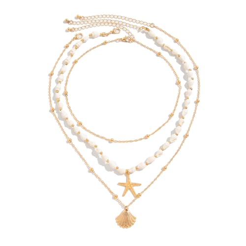 [Kfwfuaeee] Muschel- und Seestern-Halskette, schichtiger Stil, verstellbare Kette, Strandschmuck, Schmuck für Frauen, hängender Schmuck, フリーサイズ, Wie in der Beschreibung beschrieben, Ohne Edelstein von Kfwfuaee