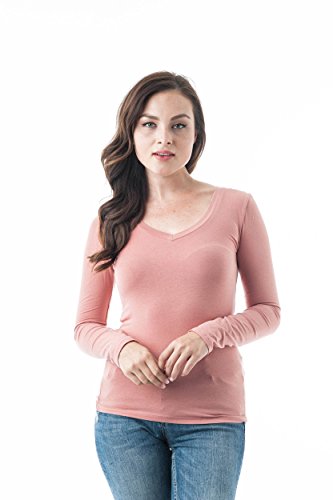 Frauen Plain V-Ausschnitt Langarm-T-Shirt (Small, Dusty Salmon) von Khanomak