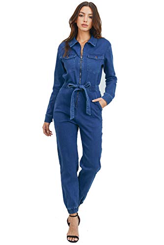 Khanomak Damen Kragen Jeans Denim Fitted Utility-Overall mit Taschen (Dunkle Wäsche, S) von Khanomak