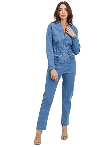 Khanomak Damen Kragen Jeans Denim Fitted Utility-Overall mit Taschen (Mittelblau, S) von Khanomak