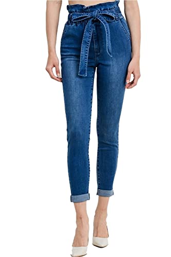 Khanomak Damen Paperbag Hohe Taille mit Bindegürtel Denim Skinny Hose (Klein, Dunkle Wäsche) von Khanomak