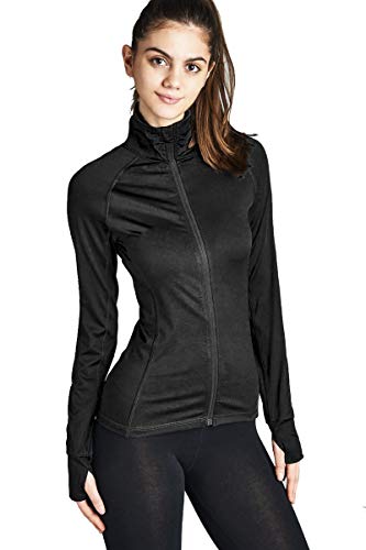 Khanomak Frauen Langarm-Zip Up Sportbekleidung Pullover Work Out Jacke (Schwarz, Medium) von Khanomak
