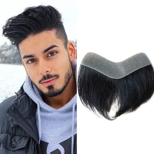 Herren Haaransatz Toupet 100% brasilianisches Echthaar Stirn Haaransatz Ersatzsystem 6 Zoll V-Form Weiche dünne Hautbasis Herren Haarteile (2 x 16 cm) von KhuWan
