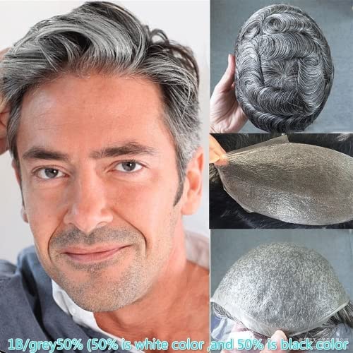 Toupet für Männer mit 100 % europäischem Echthaar, 25,4 x 20,3 cm, ultradünnes Haar, für Herren, 0,06 mm, Toupet Haare mit 40 % graues Kunsthaar)) von KhuWan