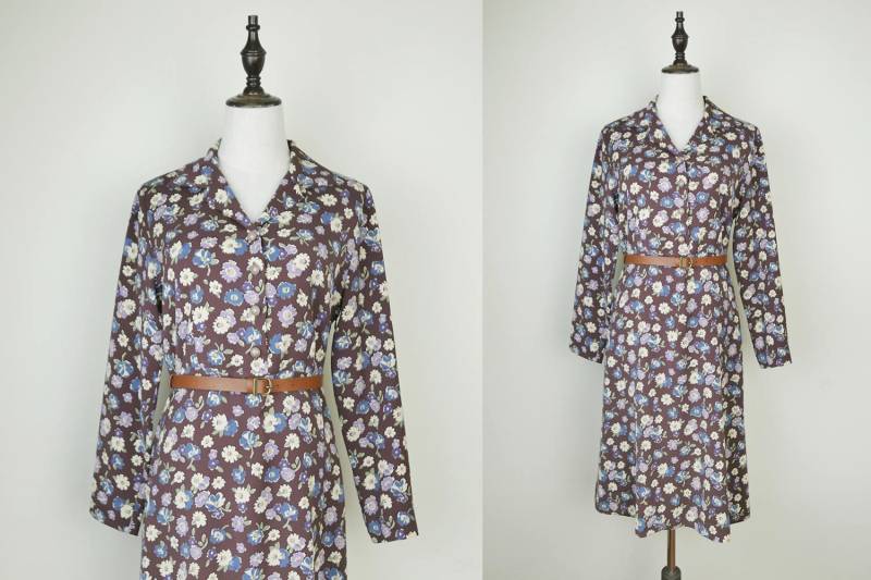 Braune Vintage Kleid Flower Print Lange Ärmel Größe S-M Braune Vintage Kleid Flower Print Lange Ärmel Größe S-M von KhunMali1