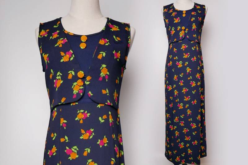 Marine Frauen Vintage Maxi Kleid Orange Pink Flower Print Plissee Ärmellose Weste Stil Der 1980Er Jahre Größe M Marine Frauen Vintage Maxi Kleid Orange Pink Flower Print Plissee Ärmellose Weste Stil Der 1980Er Jahre Größe M von KhunMali1