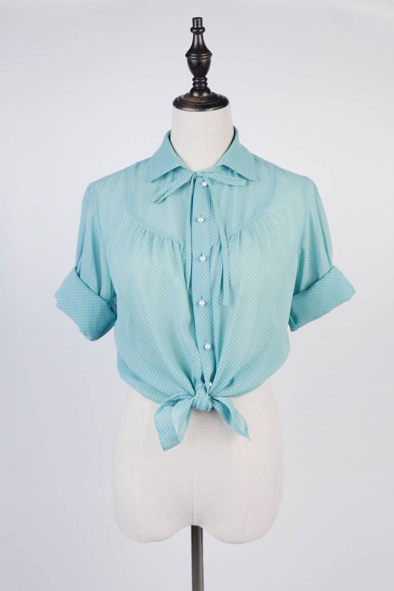 Polka Dot Gefaltete Schleife Kragen Langarm Grüne Vintage Frauen Gr. M Bluse von KhunMali1