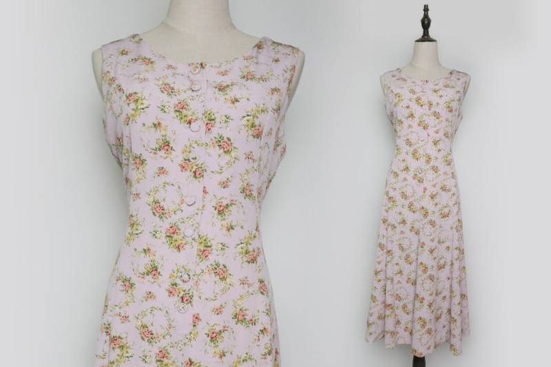 Rosa Frauen Vintage Frühling Sommer Maxi Kleid Rot Rose Druck Falten Ärmellos 1980Er Jahre von KhunMali1